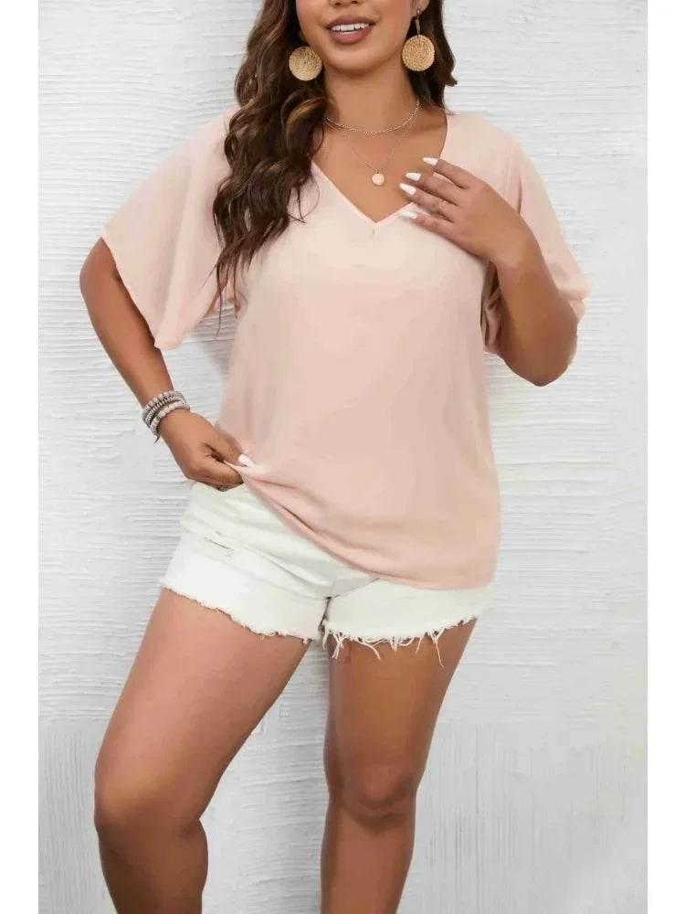 Women's Plus Size 1XL-5XL Solid Color Short Sleeve Blouse V Neck Bell Sleeve Blouse Casual Pullovers Shirt Top - Empire P.E