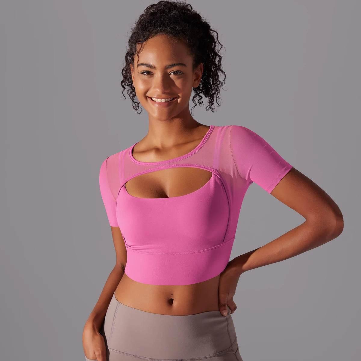 Solid Color Yoga Short Sleeve Sexy Double Layer Yoga Tank Top Spliced Mesh Yoga Clothing Top Fitness Running Sports Bra Women - Empire P.E