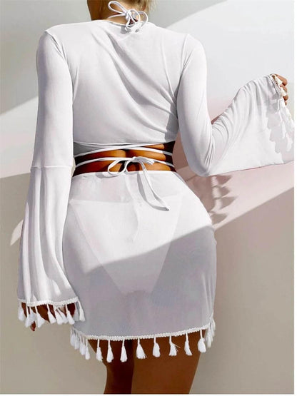 Sexy 4 Pieces Halter Bikinis Women Solid Swimwear Female Cover Up Swimsuit Long Sleeve And Skirt Bathing Suit Beachwear Summer - Empire P.E