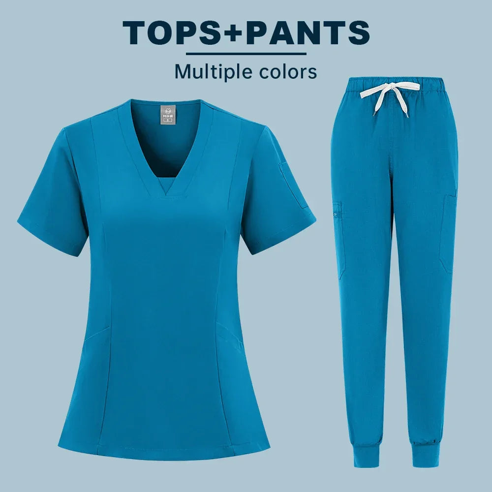 Two-piece Scrubs set Short Sleeve V Neck Pockets Drawstring Jogger Pants - Empire P.E