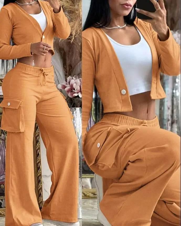 Spring Autumn Solid Slim Suit Women Long Sleeve Single Button V-neck Short Coat Drawstring Mid Waist Pocket Wide-Leg Pants Suit - Empire P.E
