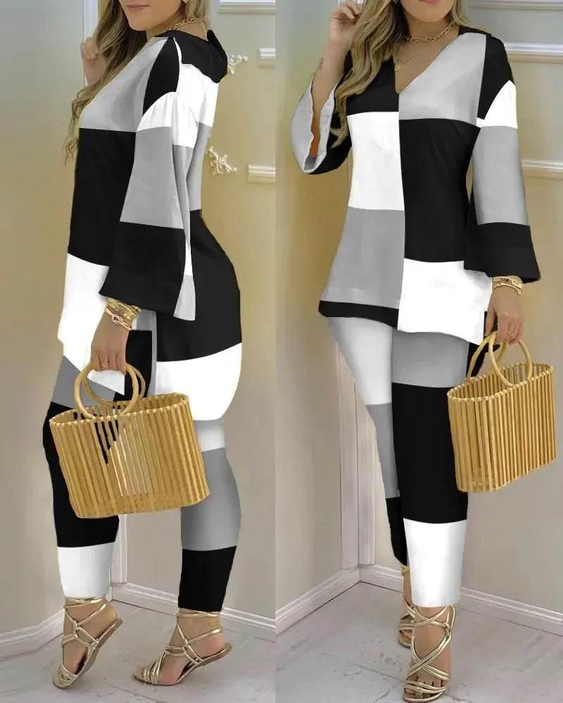 Women Print V Neck Tops Pant Sets Full Sleeve Pullover Two Piece Suit Elastic Waist Trousers Splice Shirts Autumn Regular Fit - Empire P.E