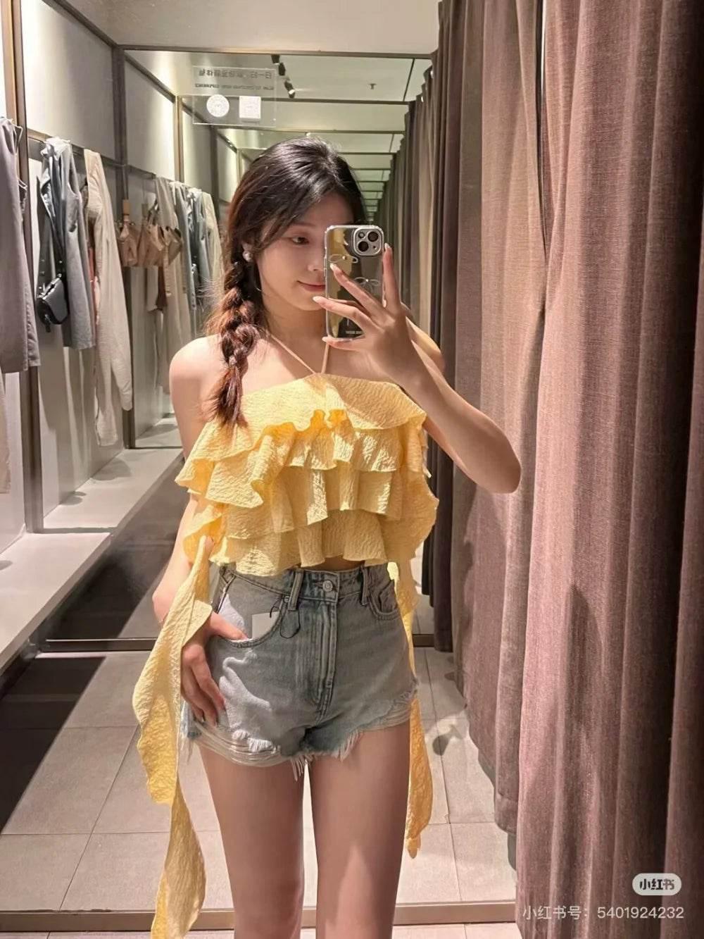 Textured halter crop top with ruffles Women's short yellow sleeveless top with sexy streamers for summer 2024 traf - Empire P.E