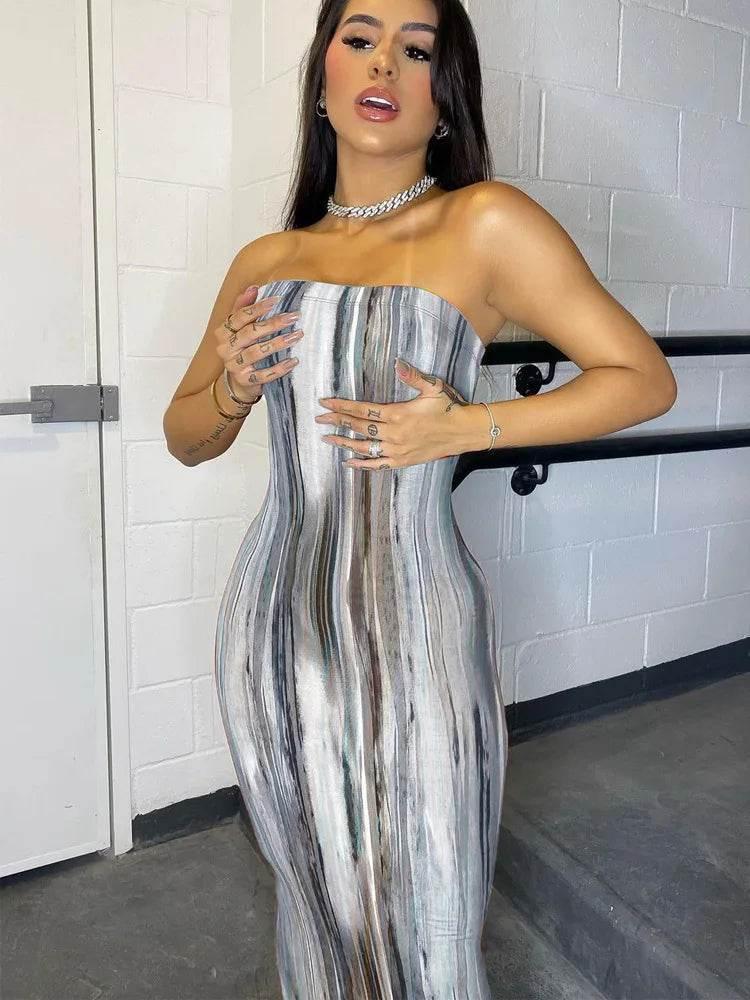 Spring And Summer Dresses For Women Chest Wrap Printed Off Shoulder Bandage Slim Sexy Long Dress 2023 New Fashion party MsChuh - Empire P.E