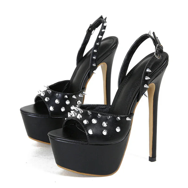 Metal Rivet Back Buckle Strap High Heels - Empire P.E