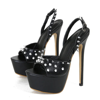 Metal Rivet Back Buckle Strap High Heels - Empire P.E