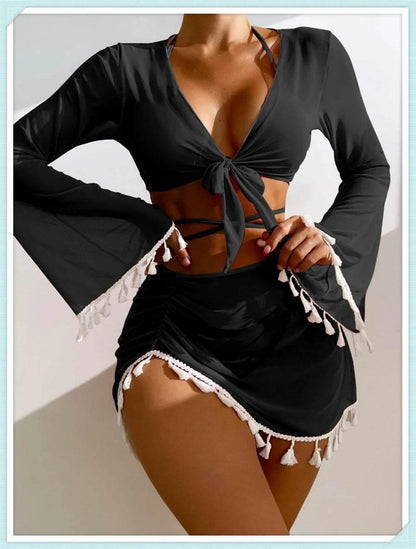 Sexy 4 Pieces Halter Bikinis Women Solid Swimwear Female Cover Up Swimsuit Long Sleeve And Skirt Bathing Suit Beachwear Summer - Empire P.E