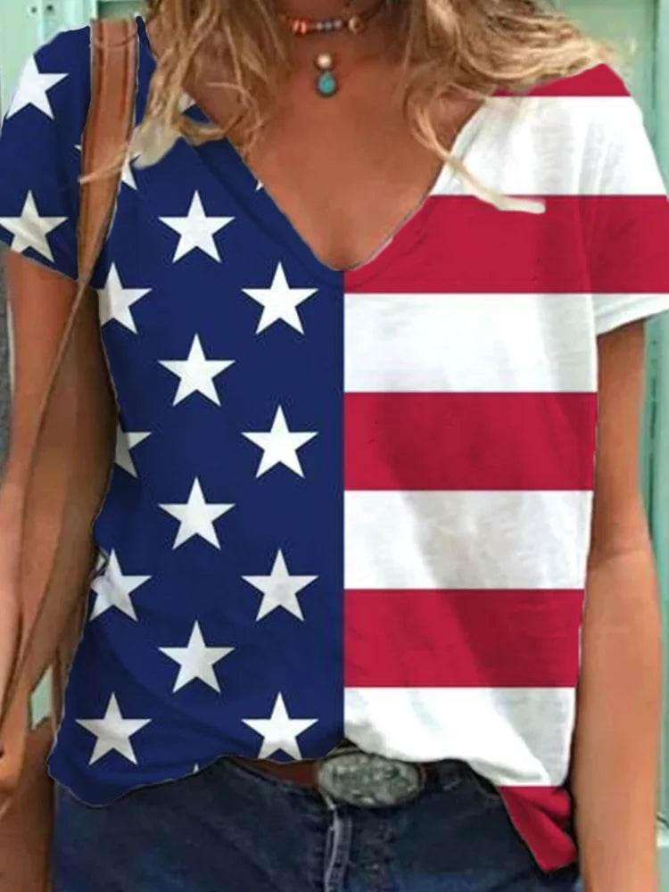 Fashion Women's T Shirt USA Flag Print Harajuku T-shirt Summer 2023 Top Kawaii Tees V Neck Pluse Size American Lady Y2k Clothing - Empire P.E