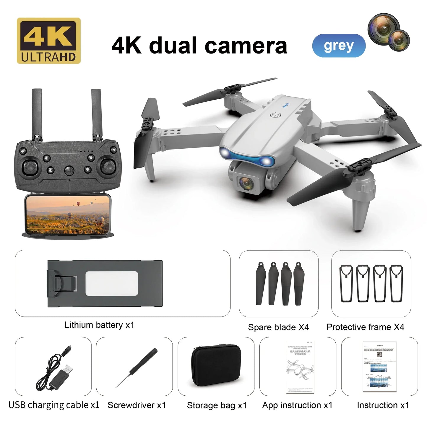 White Gray E88E99 Lighting Screen Control Mini Drone Dual Camera - Empire P.E
