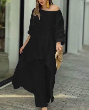 Women's Cotton Linen Long Pants Sets Fashion Solid Casual Irregular Tops Wide Leg Pant Suits Office Lady Two Piece Sets Clothes - Empire P.E