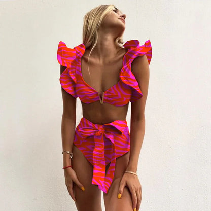 Two-Pieces Women Floral 2025 Push-Up Padded Bra Ruffles Bandage Bikini Set