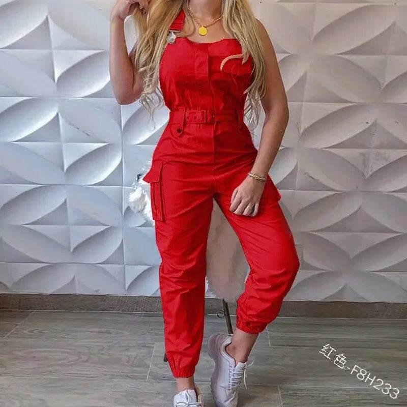 Autumn Women's Clothing Bodysuit Jumpsuit 2023 Simple Zipper Cargo High Waisted Conjoined Body Pants Sleeveless Strap Trousers - Empire P.E