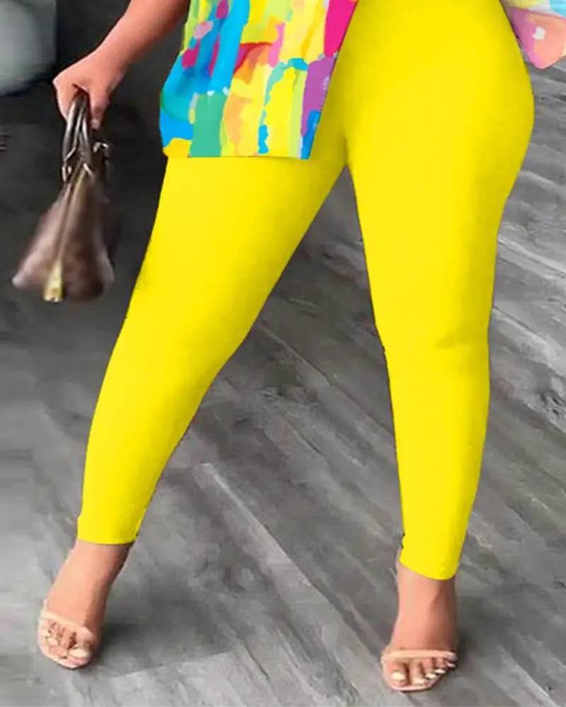 Elegant Women Two Piece Set Suits New Fashion Printed Ruffle Sleeve Top Solid Color Pants Set With Belt Blouses Female Clothing - Empire P.E