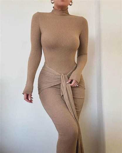 Mozision Elegant Long Sleeve Sexy Maxi Dress For Women Gown Fashion Drape Turtleneck Ruched Bodycon Club Party Long Dress - Empire P.E
