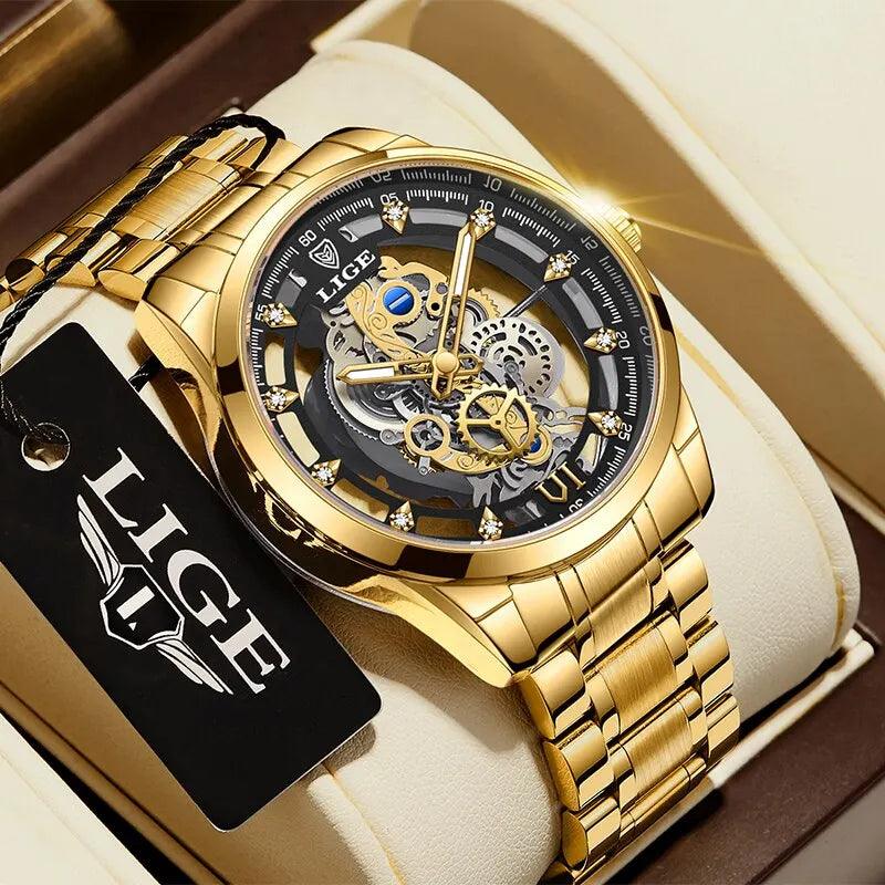 LIGE New Men Watch Skeleton Quartz Wristwatch Gold - Empire P.E