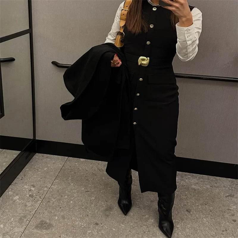 Black Long Dress Women With Belt Elegant Slim Single Breasted Sleeveless Front Split Dresses Female 2025 New Summer Lady Vestido - Empire P.E