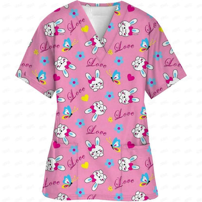 Women Easter Day Nurse Uniform Cartoon Print Short Sleeve V Neck - Empire P.E