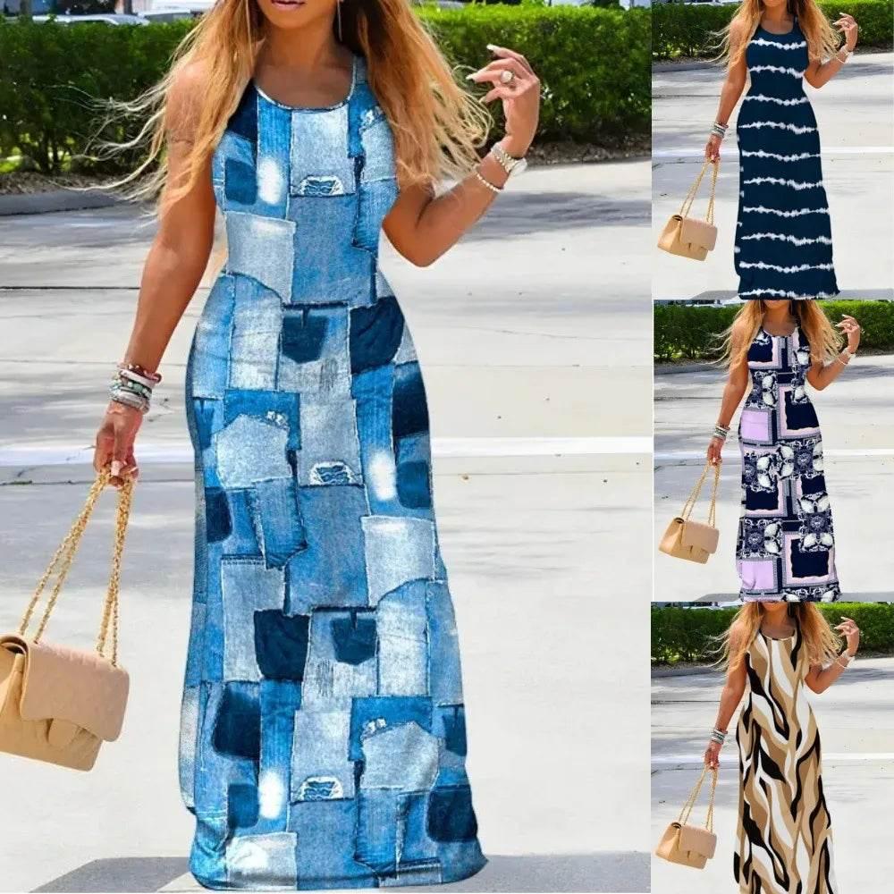 Women New Dress Denim Look Print U-Neck Maxi Dress Leisure Slit Slim Design Long Dress Fashion Solid Color Street Robe Dresses - Empire P.E