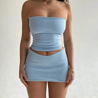 Hawthaw Women 2024 Summer Tube Tops Mini Skirts Party Club Two Piece Matching Sets Vacation Outfits Wholesale Items For Business - Empire P.E