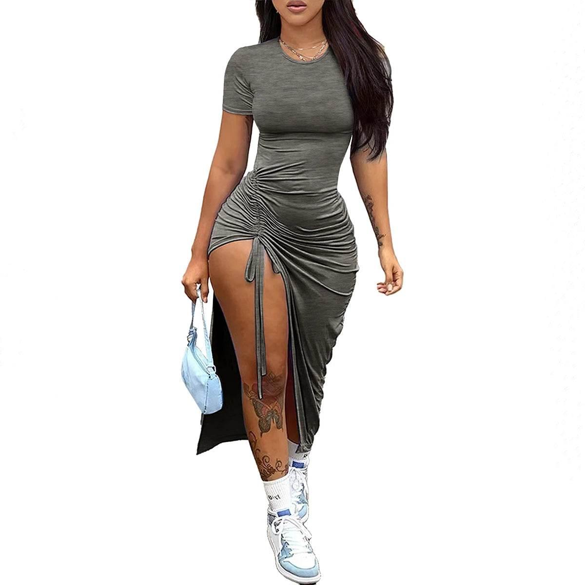 Women's fashion, sexy, slim fit, solid color pleated, split drawstring dress - Empire P.E