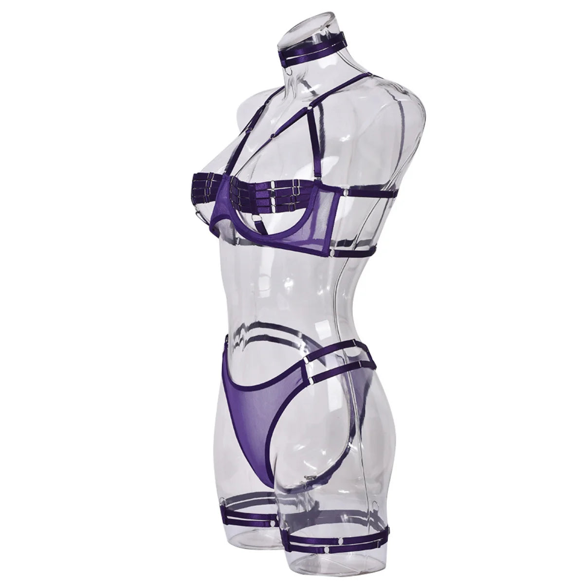 Yimunancy 4-Piece Bandage Erotic Set Women Choker Cut Out Solid Vintage Purple Sexy Lingerie Set Breif Kit - Empire P.E