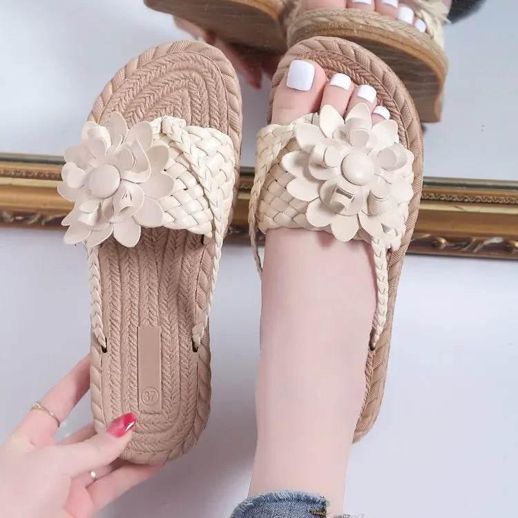Slippers Women Ombre Floral Pattern Braided Casual Shoes Vacation Flat Holographic Braided Floral Pattern Toe Beach Flip Flops - Empire P.E