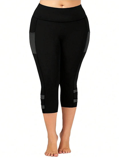 Plus Size Casual Leggings, Women's Plus Plain High Rise Contrast Mesh Capri Leggings - Empire P.E