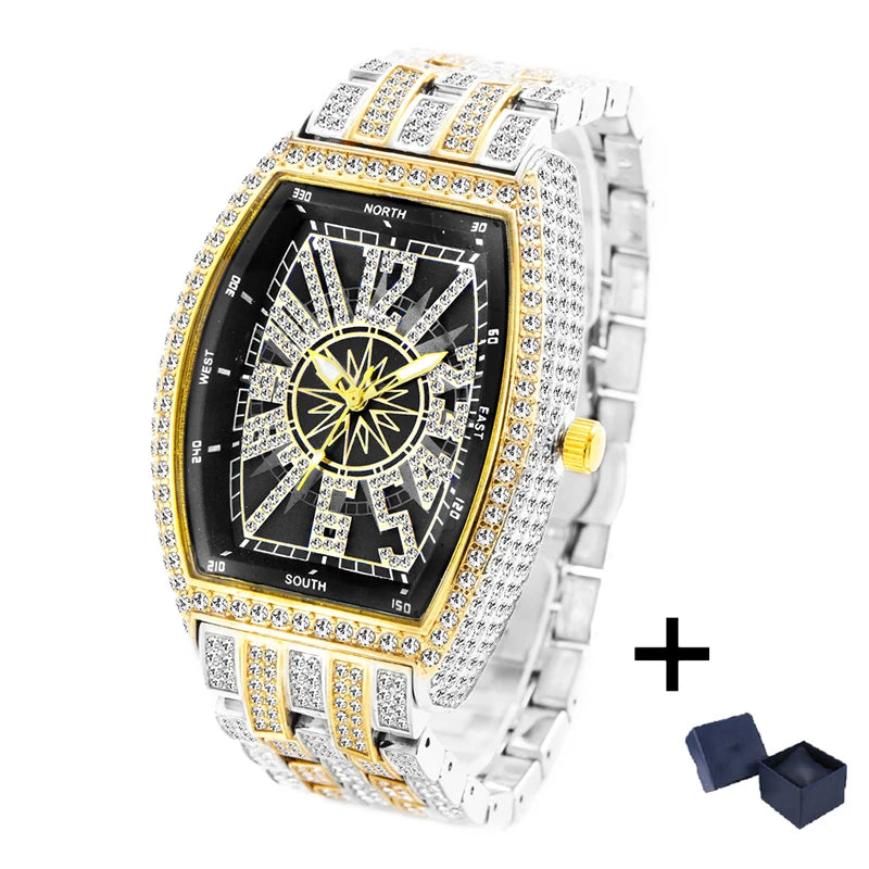 Men's  lce Diamond Sun Pattern Literal Quartz Wristwatch