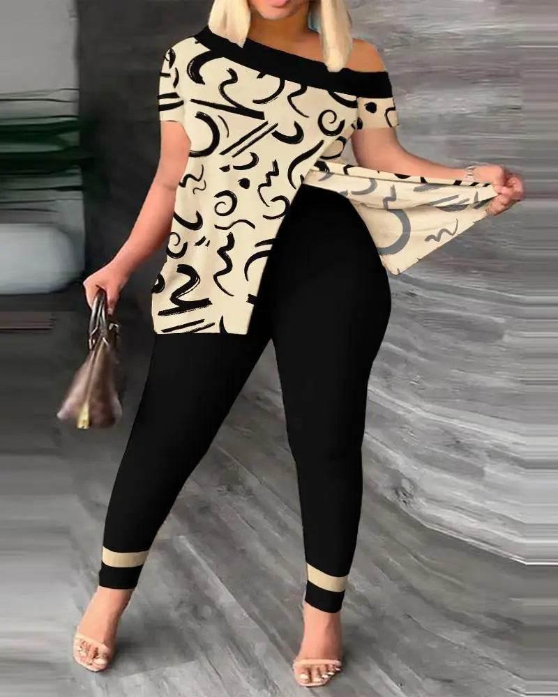 Elegant Women Two Piece Set Suits New Fashion Printed Ruffle Sleeve Top Solid Color Pants Set With Belt Blouses Female Clothing - Empire P.E