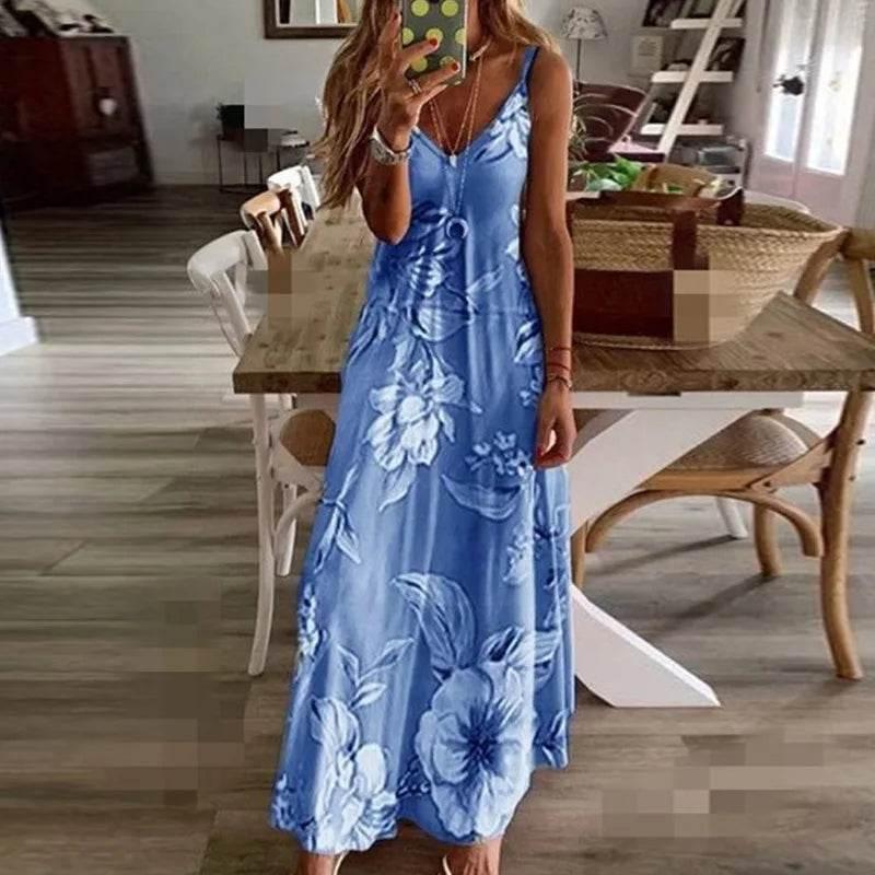 Woman Summer Long Dress Sling New Milk Silk Slim Floral Flowers Print Sleeveless V Neck Maxi Dresses Clothing Vestidos YRW6820 - Empire P.E