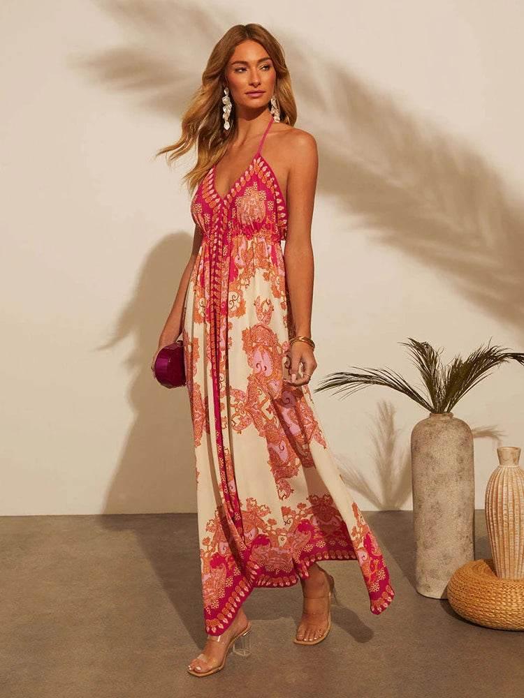 Women's Summer V-neck Halter Bohemian Floral Long Dress,Women Clothing,Red Dress,Sexy Dress Women,Sundress,Beach Dresses - Empire P.E