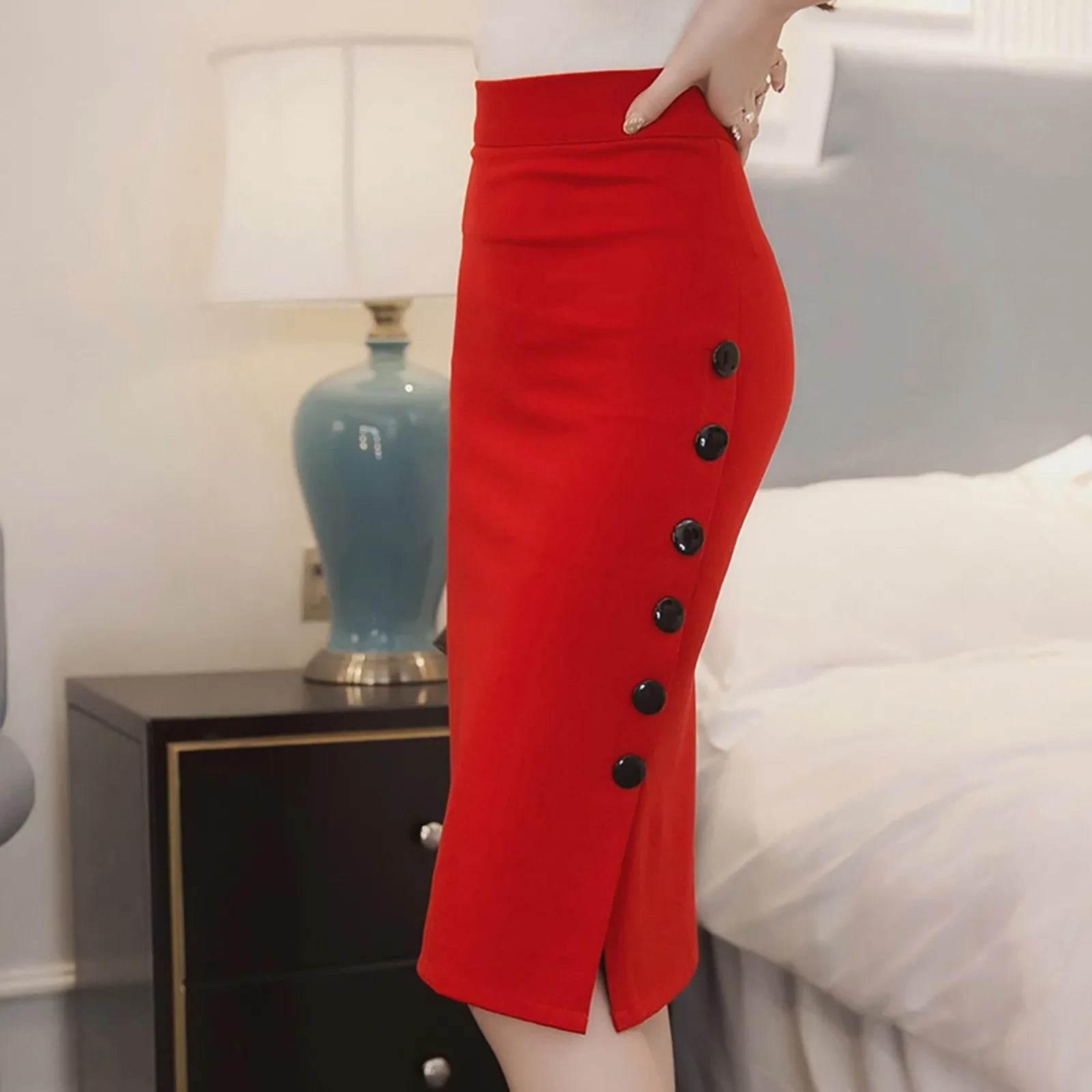 Women’s Black And Red Color Sexy Slim Fit High Waist Dress With Buttons Ladies High Street Fashion Hip Wrap Pencil Half Skirt - Empire P.E