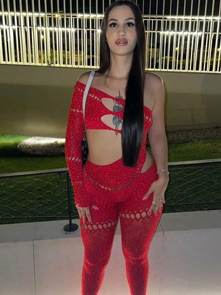 Sibybo Sexy Single Rotator Cuff Hollow Out High Elastic Jumpsuit Luminous Rhinestones Solid Color Trousers Spicy Girl Streetwear - Empire P.E