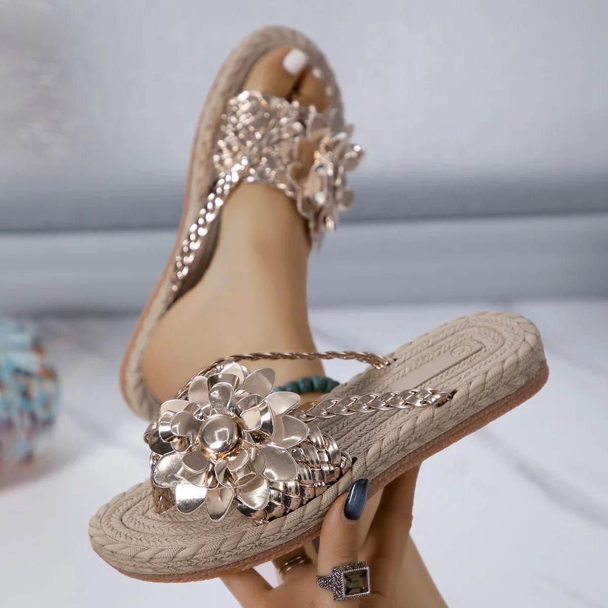Slippers Women Ombre Floral Pattern Braided Casual Shoes Vacation Flat Holographic Braided Floral Pattern Toe Beach Flip Flops - Empire P.E