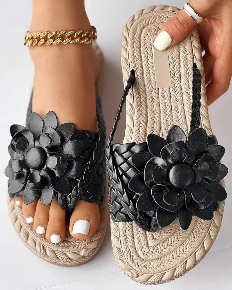 Slippers Women Ombre Floral Pattern Braided Casual Shoes Vacation Flat Holographic Braided Floral Pattern Toe Beach Flip Flops - Empire P.E