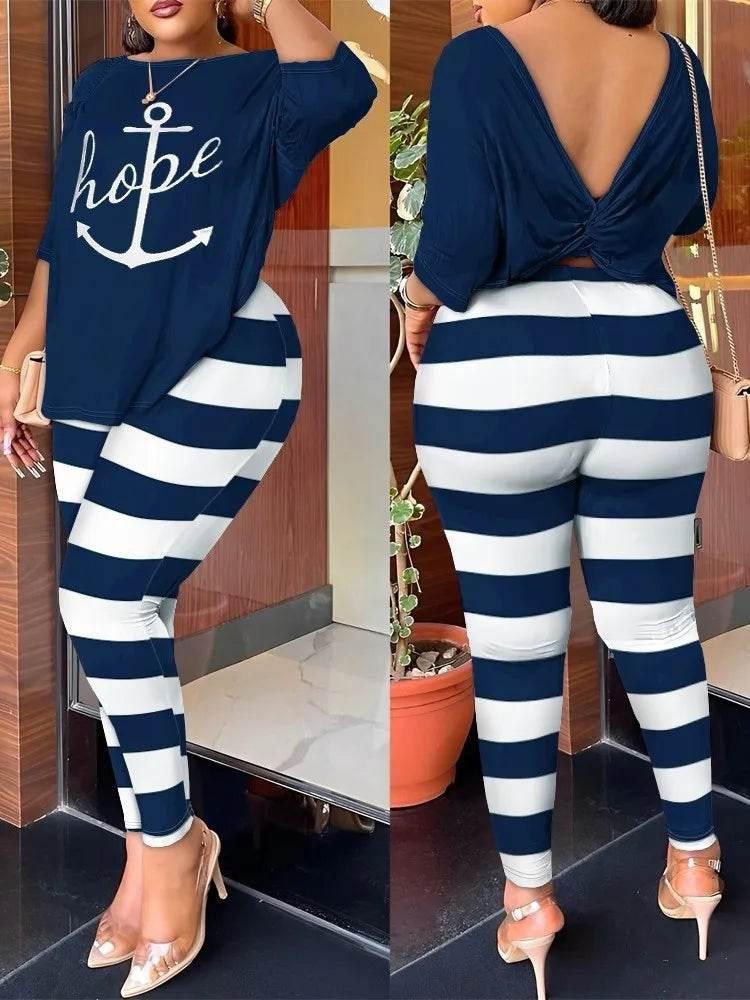 Autumn Women's New Fashion Printed Suit Round Neck Sexy Backless Quarter-sleeved Trousers Casual And Comfortable Two-piece Set - Empire P.E