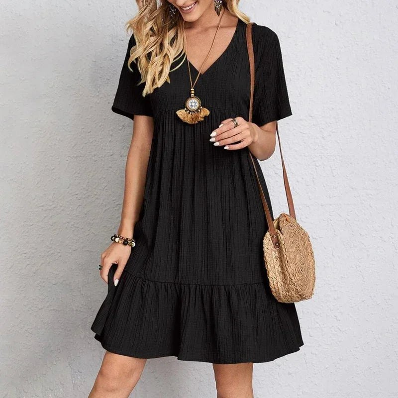 2025 Loose V-neck Short Sleeved Women Dress Solid Color - Empire P.E