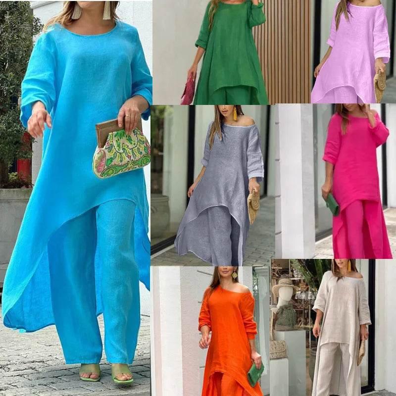 Women's Cotton Linen Long Pants Sets Fashion Solid Casual Irregular Tops Wide Leg Pant Suits Office Lady Two Piece Sets Clothes - Empire P.E
