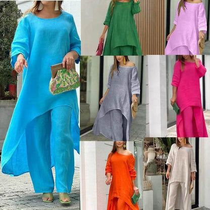 Women's Cotton Linen Long Pants Sets Fashion Solid Casual Irregular Tops Wide Leg Pant Suits Office Lady Two Piece Sets Clothes - Empire P.E