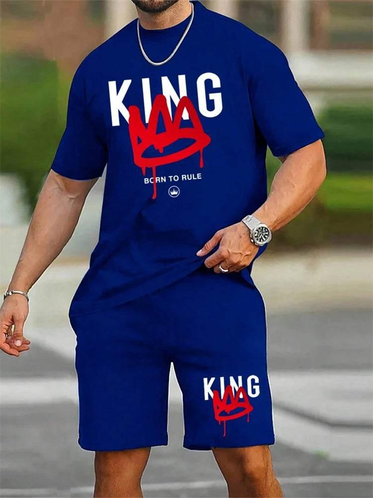 New Men's Short Sleeve Shorts Set Fashion King Printed T-Shirt - Empire P.E