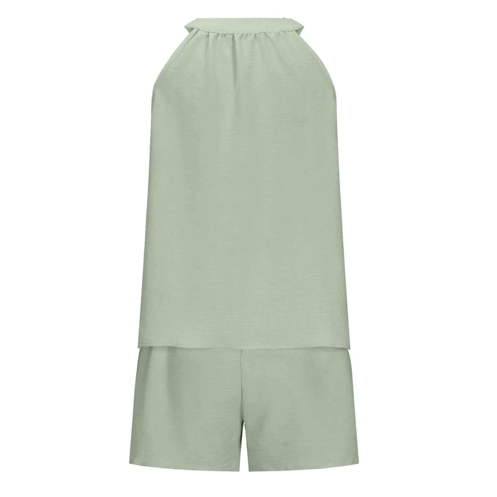 Women'S Summer Casual Suit New Urban Casual Women'S Solid Color Sleeveless Vest Elastic Shorts Home Clothes Two-Piece Set - Empire P.E