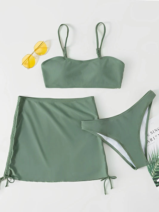 3 Pieces Padded Bikini 2026 Women & Drawstring Skirt Solid Swimsuit