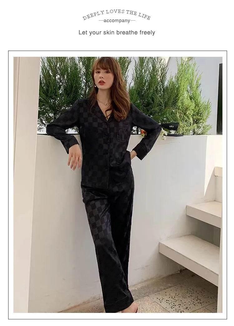 Plus Size Women Pajamas Set Long Sleeves Girl Home Wear Two-Piece Cardigan Solid Plaid Sleepwear Sexy Nightwear Autumn Winter - Empire P.E