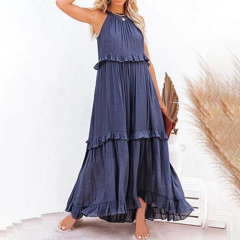 Women Casual Solid Ruffles Long Dress - Empire P.E