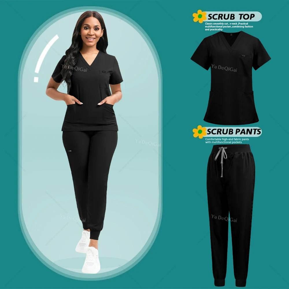 Stretch Scrubs Women Set Nursing Uniforms Clinical Scrubs Set Nurse Doctor Dustproof Workwear Medical Scrubs Top+ Jogger Pants - Empire P.E