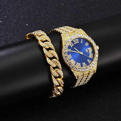Watch Bracelet Set Hip Hop Stainless Steel Gold Color Calendar Watch for Men Iced Out Paved Rhinestones Men Watch Reloj Hombre - Empire P.E