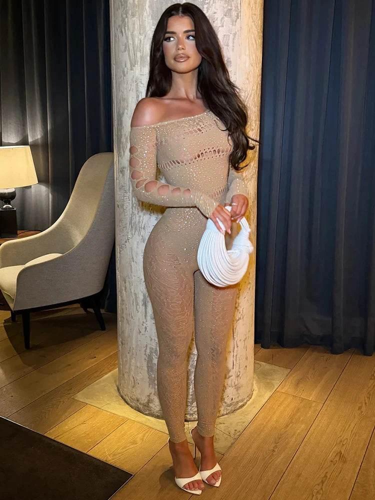 Sibybo Off Shoulder Long Sleeve Jumpsuits Women Fashion Rhinestones High Stretch Hollow Out Sexy Overalls Sparkly Party Rompers - Empire P.E