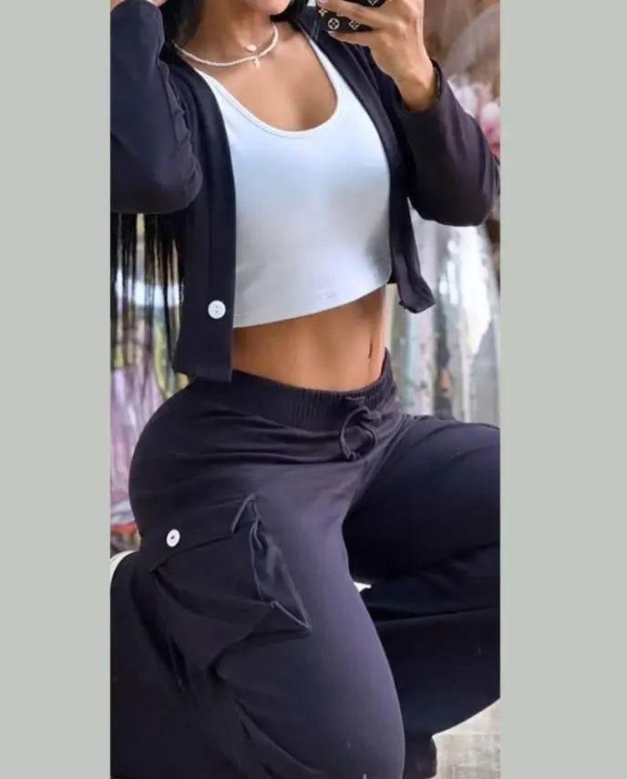Spring Autumn Solid Slim Suit Women Long Sleeve Single Button V-neck Short Coat Drawstring Mid Waist Pocket Wide-Leg Pants Suit - Empire P.E