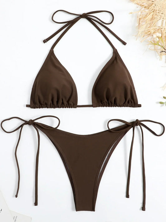 Women Solid Halter Push Up Bra Tie Side Triangle Swimsuit - Empire P.E