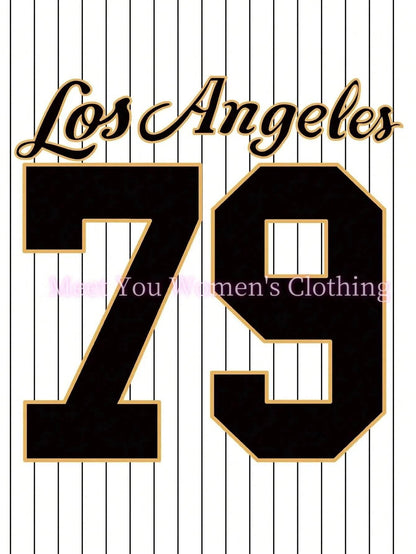 Women Los Angeles Number 79 Print V-Neck Short Sleeve T-Shirt Summer Graphic Tee Baseball Jerseys Stripe Oversized Sport T-Shirt - Empire P.E